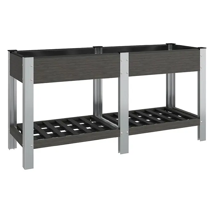 Furnicato Garten-Hochbeet WPC Grau 150 x 50 x 75 cm -  - Zweistufiges dunkelgraues Hochbeet in Holzoptik mit silbernem Metallrahmen und einer Lattenablage unten.