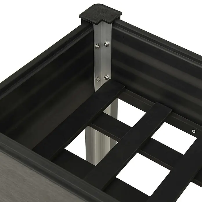 Furnicato Hochbeet WPC - 40 x 75 x 75 cm, Verbundwerkstoff, Grau - Innenansicht eines dunkelgrauen Pflanzgefäßes mit strukturierten Wänden, Aluminiumecke und Lattenboden.