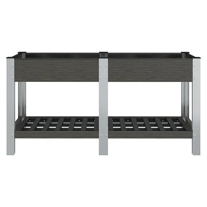 Furnicato Garten-Hochbeet WPC Grau 175 x 50 x 75 cm -  - Dunkelgraues Pflanzgefäß mit Holzmaserung, zwei Ebenen, Lattenrost unten und silbernem Aluminiumrahmen.