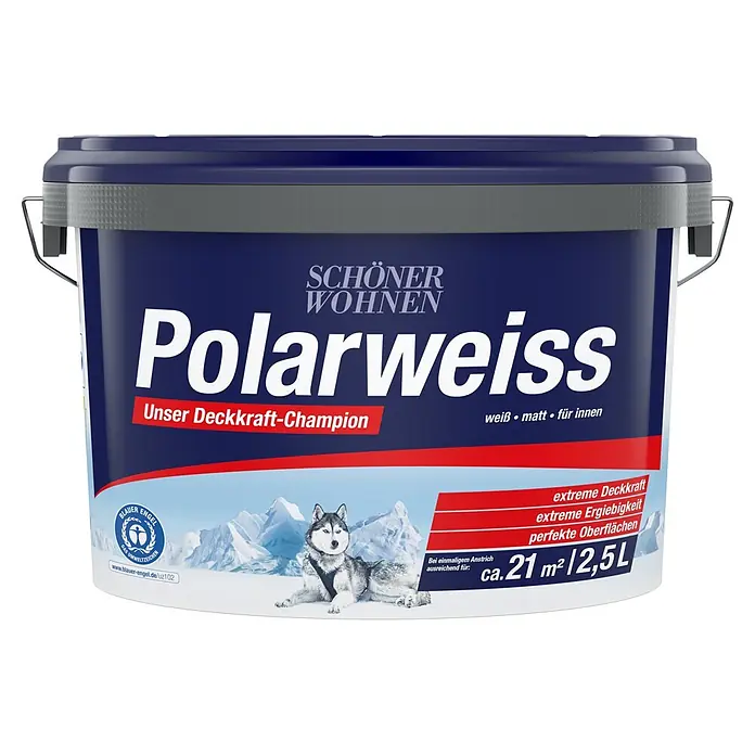 SCHÖNER WOHNEN-Farbe Wandfarbe Polarweiß - Weiß, Matt, 2,5 l, Abtönbar - Blauer Farbeimer mit grauem Deckel, beschriftet „Polarweiss“ für den Innenbereich, 2,5L.