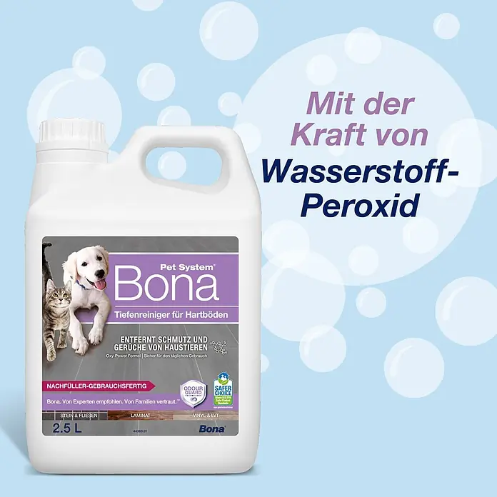 Bona Pet System Reinigungsmittel Tiefenreiniger für Hartböden - 2,5 l, Kanister - Weiße 2,5 L Bona Pet System Tiefenreiniger für Hartböden, mit Hund & Katze. Entfernt Tierhaarschmutz & Gerüche mit Wasserstoffperoxid.