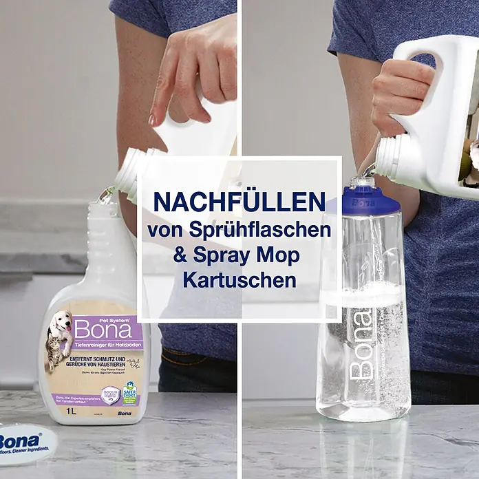 Bona Pet System Reinigungsmittel Tiefenreiniger für Holzböden - 2,5 l, Kanister - Eine Person füllt Bona Reiniger aus einer Nachfüllflasche in Sprühflaschen und Spray Mop Kartuschen.
