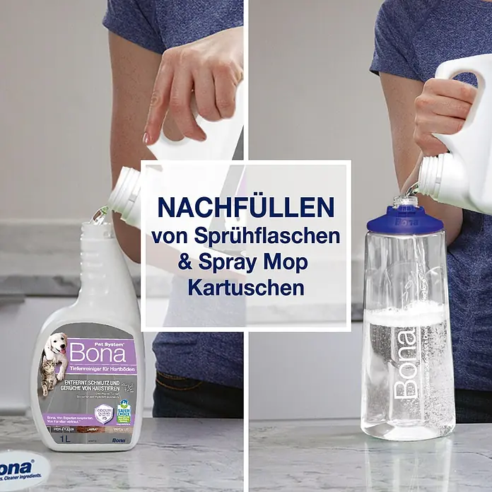Bona Pet System Reinigungsmittel Tiefenreiniger für Hartböden - 2,5 l, Kanister - Eine Person füllt Bona Reiniger aus einer Nachfüllflasche in eine Sprühflasche und eine Wischmop-Kartusche um.