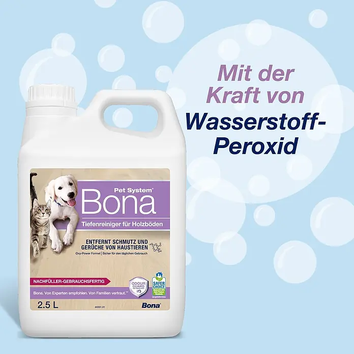 Bona Pet System Reinigungsmittel Tiefenreiniger für Holzböden - 2,5 l, Kanister - Bona Pet System Tiefenreiniger für Holzböden, 2,5 L, mit Wasserstoffperoxid, Etikett zeigt Welpen und Katze.