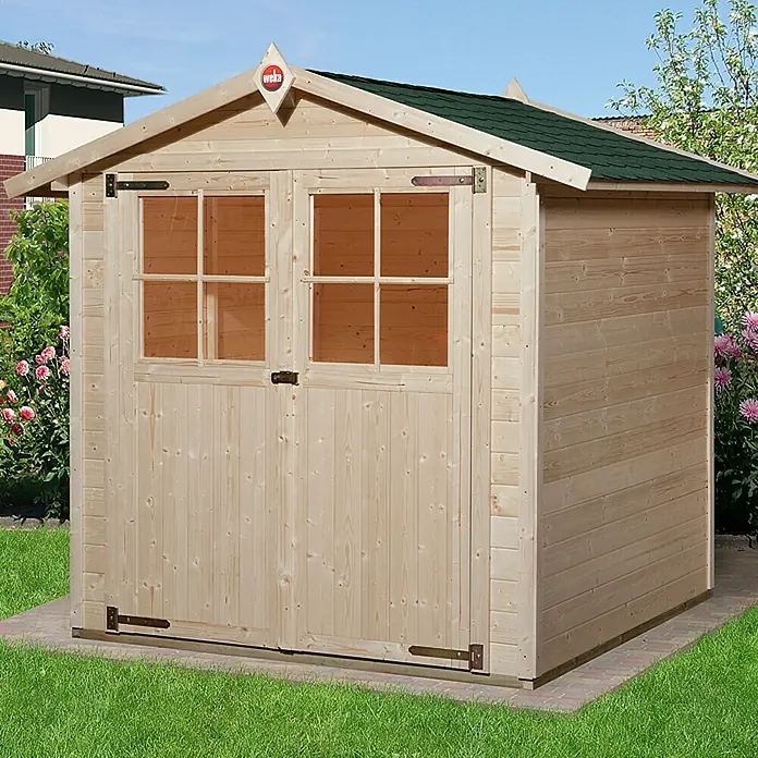 Weka Gartenhaus Classic - Holz, Natur, 2,93 m², Unbehandelt - Ein geräumiges Gartenhaus aus Holz mit Doppeltür und Fenstern, ideal für die Aufbewahrung von Gartengeräten und Werkzeugen.