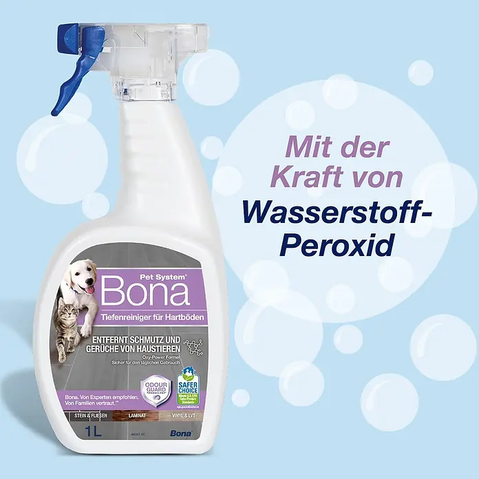 Bona Pet System Reinigungsmittel Tiefenreiniger für Hartböden - 1 l, Flasche mit Sprühkopf - Weiße Bona Pet System Hartbodenreiniger Sprühflasche mit blauem Abzug, Haustierbildern und 'Wasserstoff-Peroxid'-Text auf hellblauem Blasen-Hintergrund.