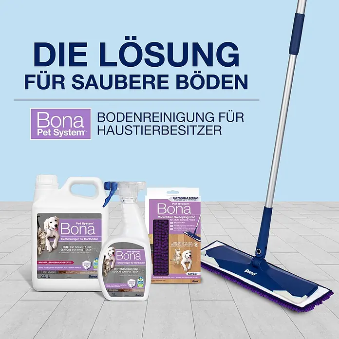 Bona Pet System Reinigungsmittel Tiefenreiniger für Hartböden - 2,5 l, Kanister - Bona Pet System Mopp mit blauem Stiel & lila Mikrofaserpad, Bodenreiniger & Nachfüllpack für tierfreundliche Reinigung.