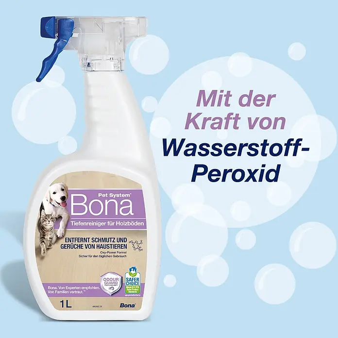 Bona Pet System Reinigungsmittel Tiefenreiniger für Holzböden - 1 l, Flasche mit Sprühkopf - Weiße Bona Pet System Sprühflasche für die Tiefenreinigung von Holzböden, entfernt Schmutz und Gerüche von Haustieren mit Wasserstoffperoxid-Kraft.