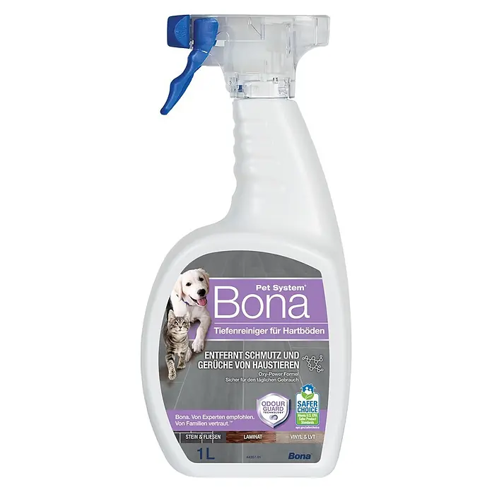 Bona Pet System Reinigungsmittel Tiefenreiniger für Hartböden - 1 l, Flasche mit Sprühkopf - Weiße Bona Pet System Hartboden-Tiefenreiniger-Sprühflasche mit blauem Abzug und lila Etikett, 1L.