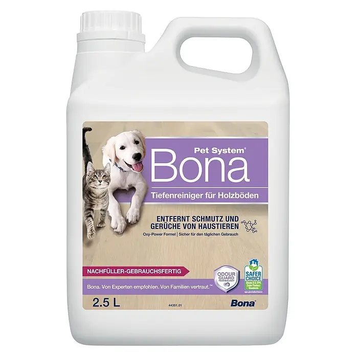 Bona Pet System Reinigungsmittel Tiefenreiniger für Holzböden - 2,5 l, Kanister - Weißer 2,5L Bona Pet System Tiefenreiniger für Holzböden in Kanisterform mit Tiermotiven auf dem Etikett.