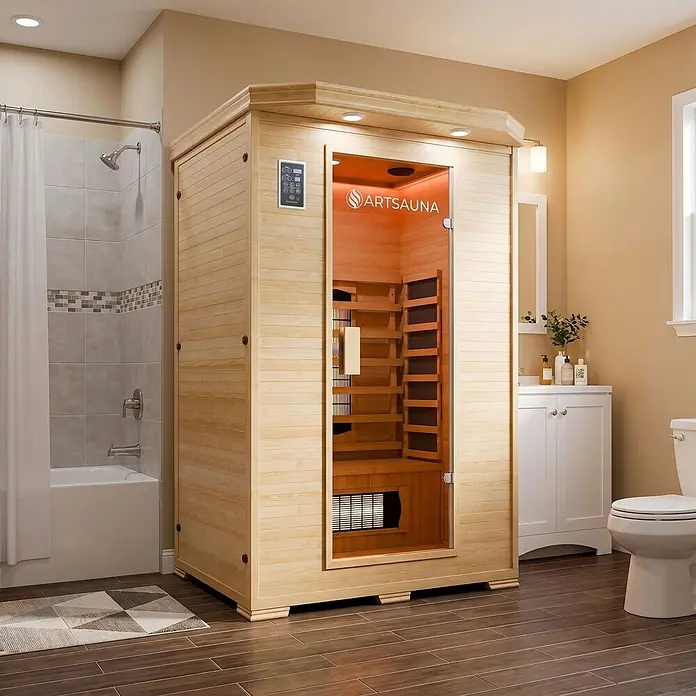 Infrarotkabine Oslo mit Triplex-Heizsystem -  - Infrarotsauna aus hellem Holz mit Glastür und digitalem Bedienfeld, in modernem Badezimmer.