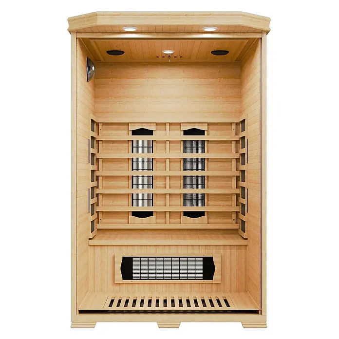 Infrarotkabine Oslo mit Triplex-Heizsystem -  - Innenansicht einer hellen Infrarotsauna aus Holz mit mehreren Heizstrahlern und Lattenrost.