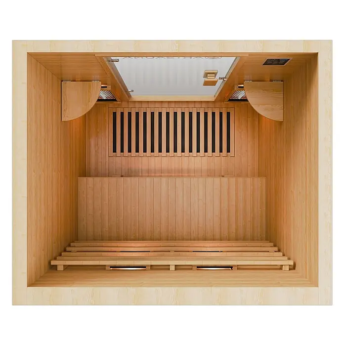 Infrarotkabine Oslo mit Vollspektrumstrahler -  - Geräumiges helles Holz-Infrarotsauna-Interieur mit Lattenbänken, Heizelementen und Bedienfeld.