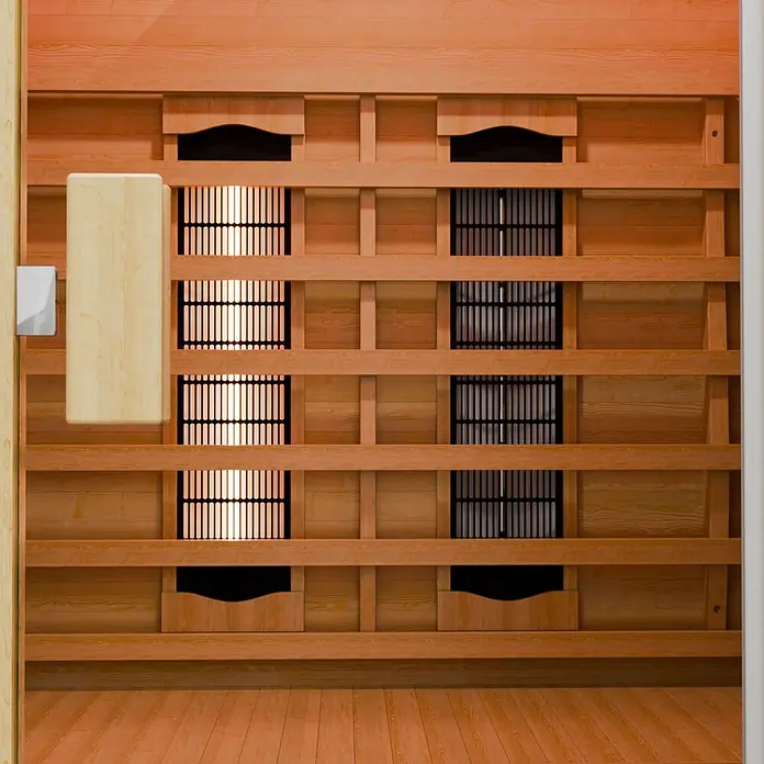 Infrarotkabine Oslo mit Triplex-Heizsystem -  - Innenausstattung einer Infrarotsauna aus Holz mit Heizstrahlern hinter Gittern und einer Steuerungsabdeckung links.