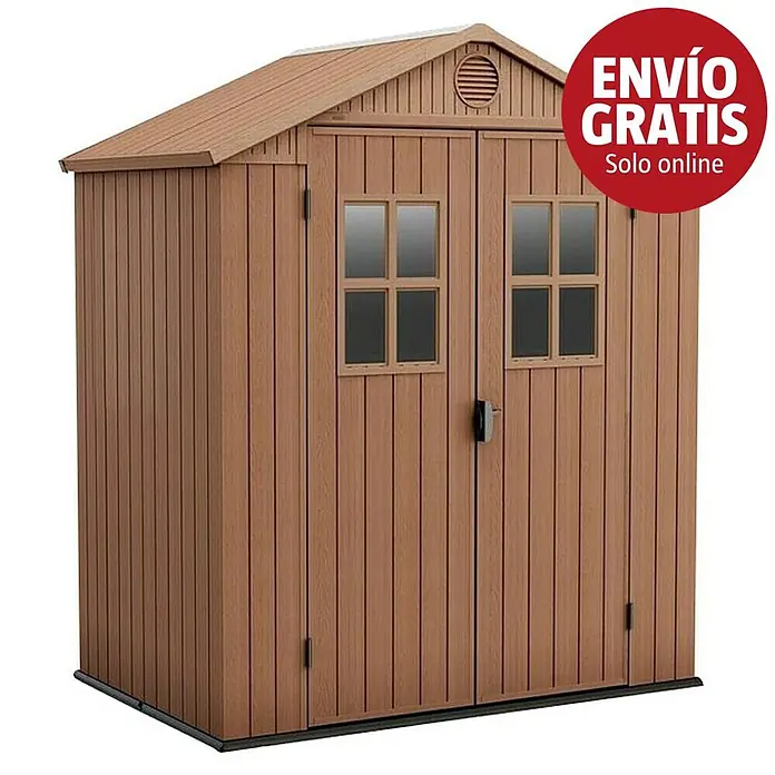 Keter Caseta de jardín Darwin 6X4 II - Medidas ext. (An x Pr): 190 x 121 cm, Plástico, Marrón, 2,3 m² - Caseta de jardín marrón con aspecto de madera, puertas dobles, ventanas y tejado a dos aguas.
