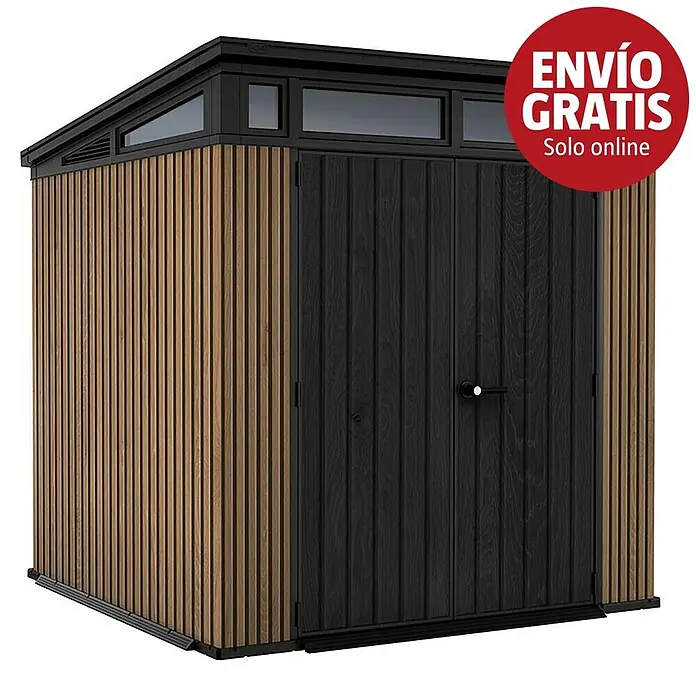 Keter Caseta para jardín Venetian Pent 7x7 - Medidas ext. (An x Pr): 216 x 218 cm, Plástico, Marrón/Antracita, 4,66 m² - Caseta de jardín bicolor con laterales de lamas efecto madera natural, puerta negra y techo negro con ventanas para almacenamiento exterior.