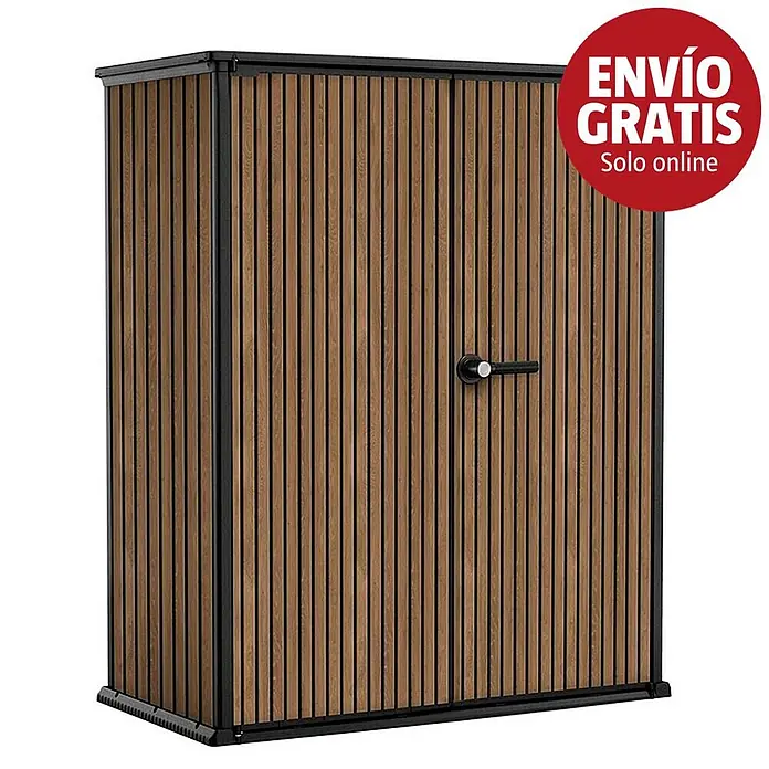 Keter Armario de jardín Venetian High Store - Medidas ext. (An x Pr): 140 x 73,6 cm, Plástico, Marrón - Armario de almacenaje con aspecto de madera, lamas verticales, marco, asa negros y distintivo rojo 'Envío Gratis'.