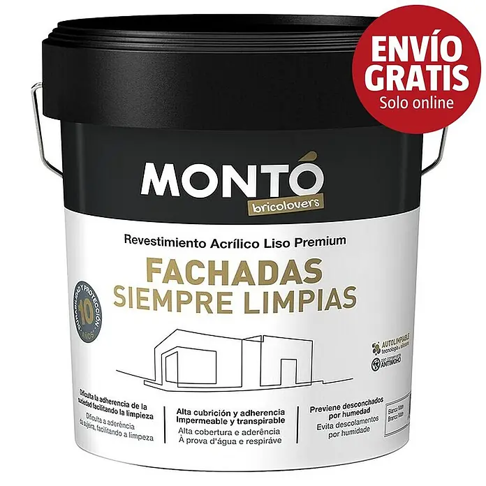 Montó Bricolovers Pintura para fachadas de silicona Siempre Limpias - Blanco, 15 l - Cubo de pintura Monto blanco y negro para fachadas, autonetejable, impermeable y antimoho.