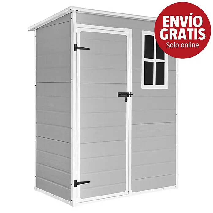 The Space Plus Caseta para jardín Flat 1.4 - Medidas ext. (An x Pr): 152 x 91 cm, Gris y Blanco, Plástico, Área: 1,36 m² - Cobertizo de jardín de plástico gris con techo, marco de puerta y ventana blancos, con pestillo negro y una pequeña ventana.