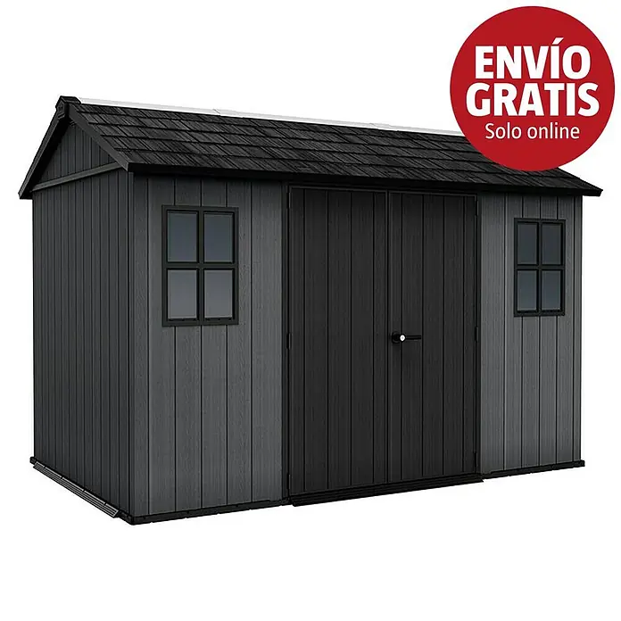 Keter Caseta para jardín Newton Plus 7511 - Medidas ext. (An x Pr): 230 x 350 cm, Plástico, Gris - Caseta de jardín gris oscuro con techo de tejas negras, puertas dobles negras y dos ventanas con marco negro.