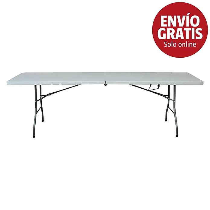 Mesa de jardín Alan - L x An x Al: 242 x 76 x 74 cm, Acero/HDPE, Blanco roto - Larga mesa plegable rectangular blanca con patas de metal gris y una bisagra central.