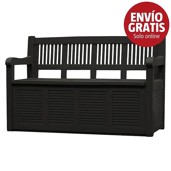 Jelenia Plast Banco de jardín Salzburg - L x An x Al: 130 x 60 x 85 cm, Plástico, Antracita - Banco de almacenamiento oscuro con respaldo de lamas y frontal de persianas.