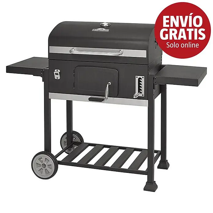 Kingstone KMS Barbacoa de carbón Black Angus XXL - Superficie de la parrilla (An x Pr): 70 x 43 cm, Negro - Parrilla de carbón negra con estantes laterales, rejilla inferior y ruedas para fácil transporte.