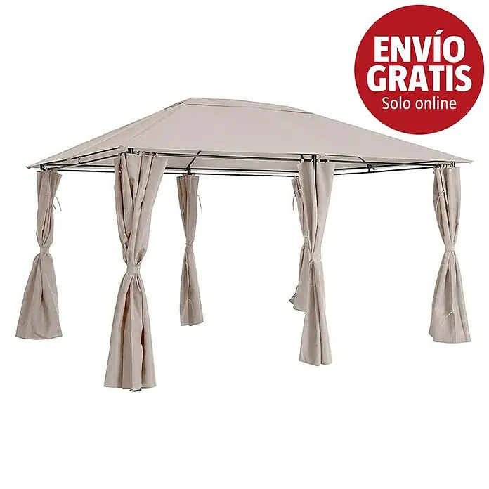 Sunfun Carpa con laterales Dominica - An x Pr: 296 x 396 cm, Color del techo: Beige - Cenador beige con cortinas recogidas y estructura oscura. Texto: "Envío gratis, solo online".