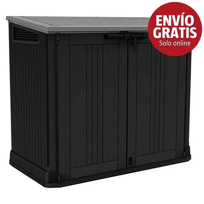 Keter Arcón Store It Out Prime - L x An x Al: 132 x 71,5 x 113,5 cm, Gris/Negro, Plástico - Cobertizo de almacenamiento exterior negro con tapa gris y puertas dobles con pestillo.
