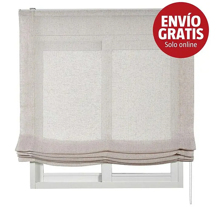 Estor enrollable Paqueto Linum - An x Al: 180 x 175 cm, Lino, Unicolor - Estor romano beige claro con textura de lino visible, parcialmente bajado mostrando sus elegantes pliegues horizontales sobre una ventana.
