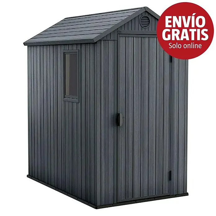 Keter Caseta de jardín Darwin 4x6 - Medidas ext. (An x Pr): 125,8 x 184,5 cm, Plástico, Gris, 2,3 m² - Caseta de jardín de plástico gris oscuro con puerta individual, pequeña ventana y techo a dos aguas.