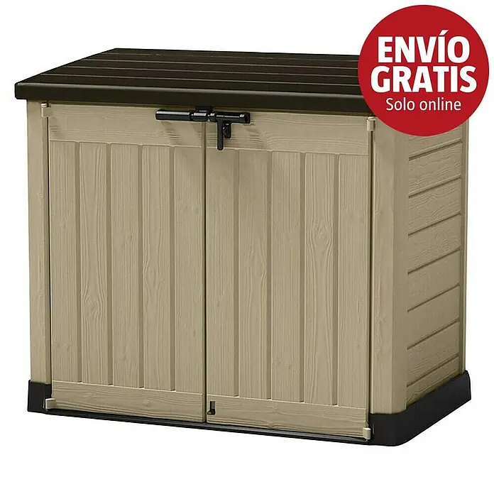 Keter Arcón Store it out Max - L x An x Al: 82 x 145,5 x 125 cm, Marrón - Armario de exterior beige con tapa marrón oscuro, textura de madera, puertas dobles y pestillo negro.