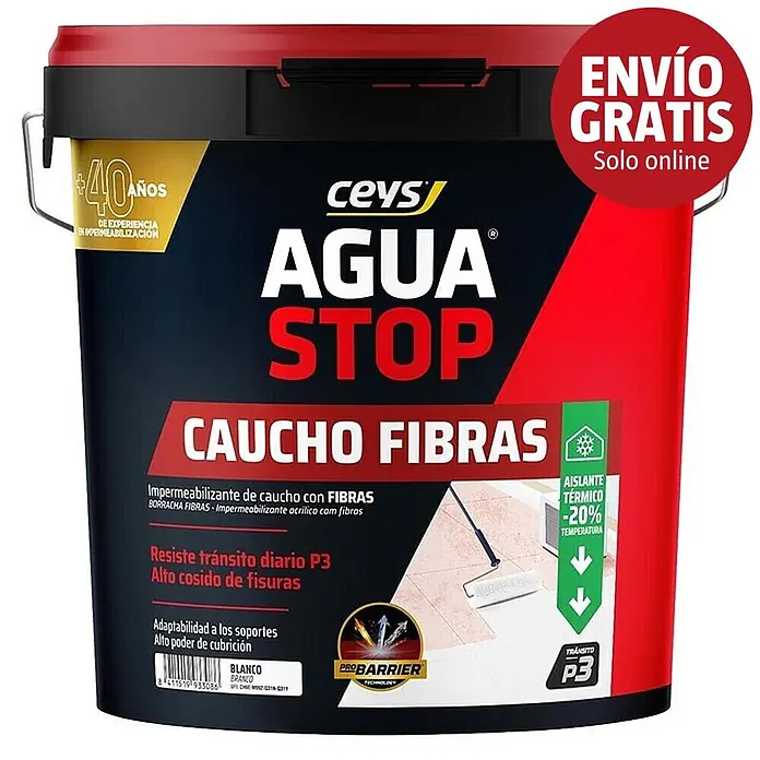 Ceys Impermeabilizante caucho acrílico Agua Stop - 20 kg, Blanco - Cubo Ceys Agua Stop Caucho Fibras (blanco), impermeabilizante de caucho y fibras, resistente P3, aislamiento térmico -20%.