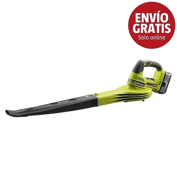 Ryobi ONE+ Soplador de batería RBL1820S40F - 18 V, 1 batería, 4 Ah, Velocidad de soplado: 245 km/h - Un soplador de hojas Ryobi inalámbrico verde lima y negro con batería.