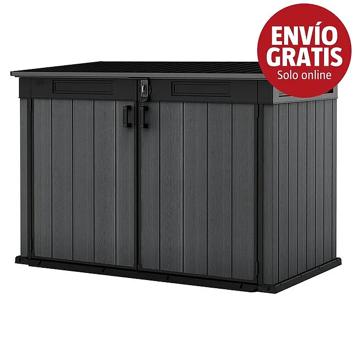 Keter Arcón Cortina Mega - Medidas ext. (An x Pr): 191 x 109 cm, Plástico, Antracita/Gris - Arcón de almacenamiento exterior gris oscuro con efecto madera, dos puertas frontales y tapa.