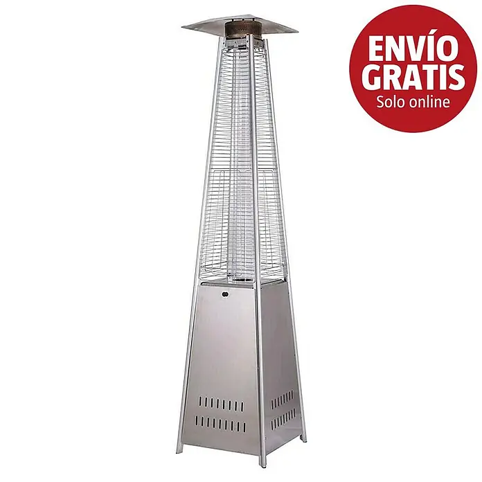 Estufa de exterior pirámide Fulmo - 13 kW, Altura: 227 cm, Inox - Calentador de patio alto de acero inoxidable con forma de pirámide y tubo de llama cerrado.