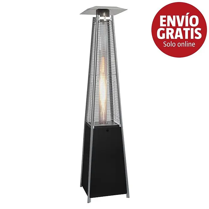 Estufa de exterior pirámide Fulmo - 13 kW, Altura: 227 cm, Negro - Calefactor de patio piramidal negro y plateado con llama visible.