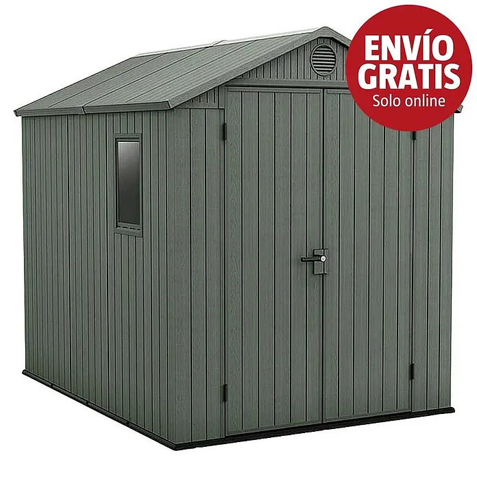 Keter Caseta de jardín Darwin 6X8 - Medidas ext. (An x Pr): 190 x 244 cm, Plástico, Verde, 4,5 m² - Caseta de jardín gris oscuro con tejado a dos aguas, ventana lateral y puertas dobles para almacenamiento exterior.