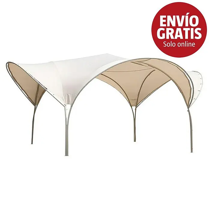 Pérgola estándar Atriz - An x Pr: 5,3 x 5,3 m, Color del armazón: Plateado, Acero - Cenador de tela blanca y beige con estructura metálica arqueada, diseñado para sombra exterior.