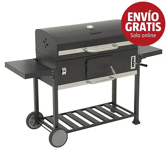 Kingstone KMS Barbacoa de carbón Black Angus Maxi - Superficie de la parrilla (An x Pr): 92 x 43 cm, Negro - Barbacoa de carbón gris oscuro con mesas laterales, ruedas, termómetro en la tapa y asas de acero inoxidable.