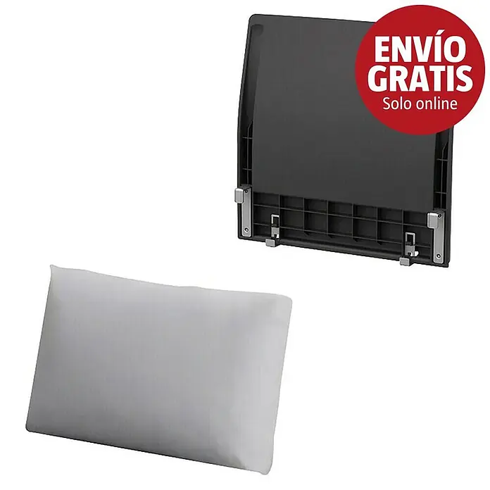 Keter Elements Respaldo de respaldo con cojín - L x An x Al: 60 x 17 x 57 cm, Negro/Gris - Respaldo gris oscuro con soportes metálicos y una etiqueta roja 'ENVÍO GRATIS', y un cojín gris claro.