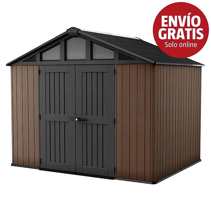 Keter Caseta de jardín Stronghold 2.0 - Medidas ext. (An x Pr): 305 x 243 cm, Plástico, Marrón/Negro, 7,4 m² - Caseta de almacenamiento exterior bicolor con paneles efecto madera marrones y puertas y techo gris oscuro.