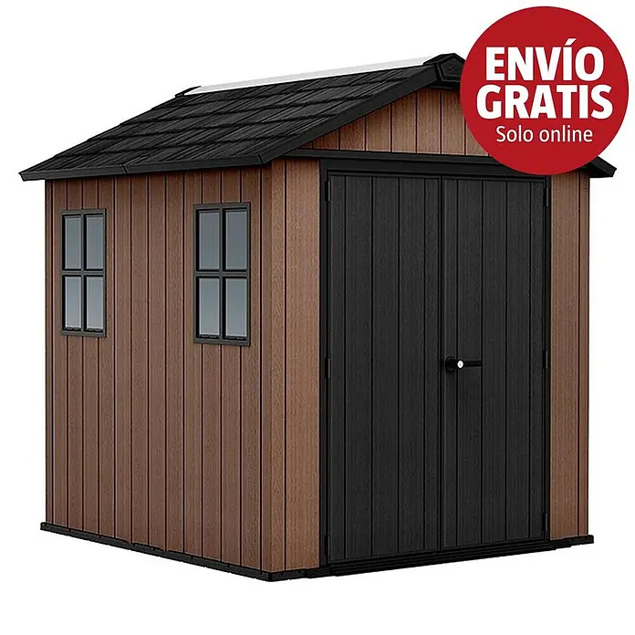 Keter Caseta de jardín Newton Plus 759-975 - Medidas ext. (An x Pr): 287 x 230 cm, Plástico, Marrón/Negro, 5,25 m² - Caseta de jardín marrón con aspecto de madera, puertas dobles negras, techo negro y dos ventanas.
