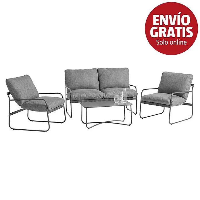 Conjunto de muebles Theodor - 4 pzs., Acero/Poliéster, Antracita - Conjunto de salón de exterior gris con estructuras de metal oscuro, que incluye sofá de 2 plazas, dos sillones y mesa de centro.