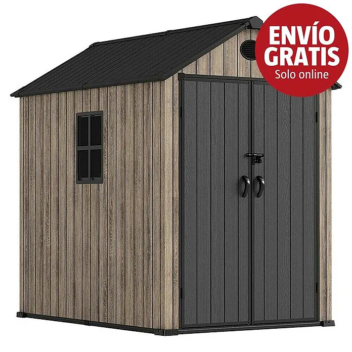 Hoggar Caseta de jardín Oak 040 - Medidas ext. (An x Pr): 164 x 222 cm, Plástico, Marrón/Antracita, 3,62 m² - Caseta de jardín moderna con paredes de imitación madera y puertas dobles oscuras.