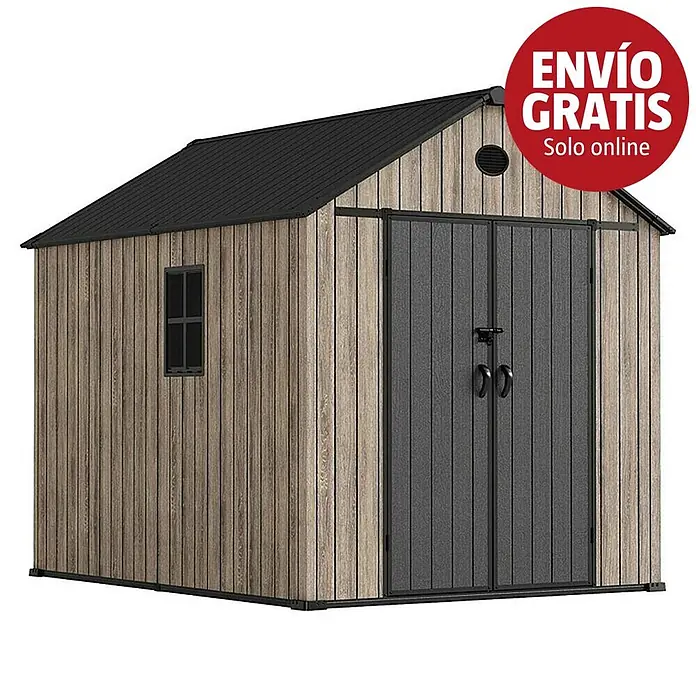 Hoggar Caseta de jardín Oak 060 - Medidas ext. (An x Pr): 226 x 283 cm, Plástico, Marrón/Antracita, 6,41 m² - Caseta de jardín efecto madera con techo negro y puertas dobles, con ventana lateral.