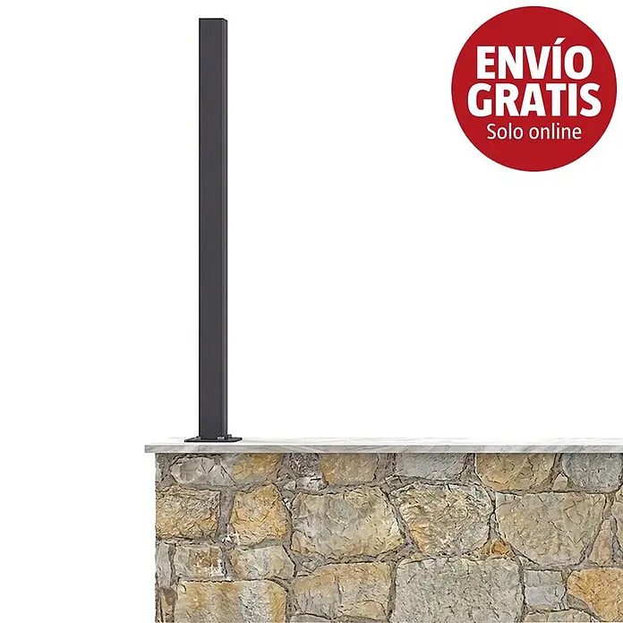 Poste para valla Ventia - Altura: 150 cm, Antracita, Aluminio - Poste cuadrado gris oscuro montado en muro de piedra con encimera clara.