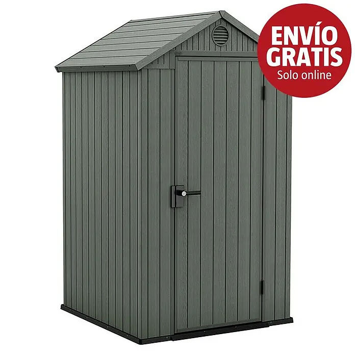 Keter Caseta de jardín Darwin 4X4 - Medidas ext. (An x Pr): 125,8 x 117 cm, Plástico, Verde, 1,5 m² - Caseta de almacenamiento exterior gris oscuro con paneles verticales, techo a dos aguas y una puerta con maneta negra.
