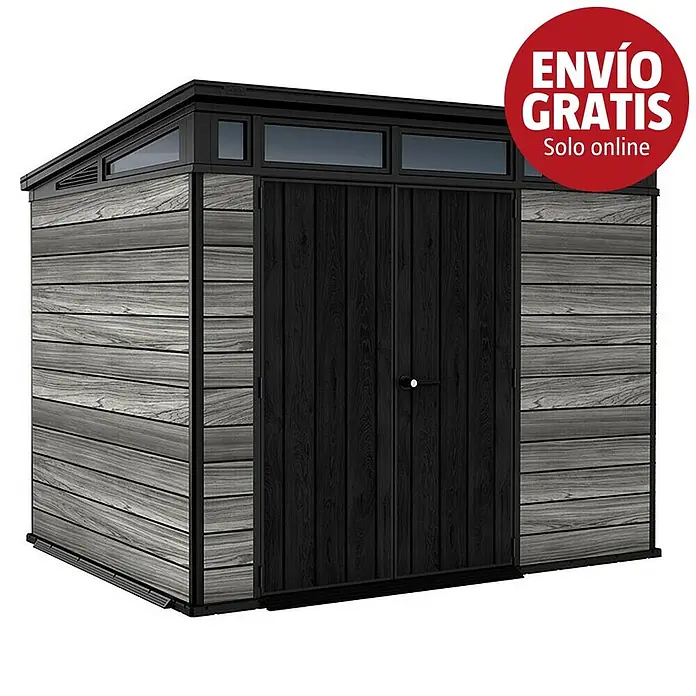 Keter Caseta para jardín Signature Storm Grey 97 - Medidas ext. (An x Pr): 279 x 218 cm, Plástico, Gris tormenta - Caseta de jardín moderna con paredes de imitación madera gris, puertas dobles negras y ventanas altas.