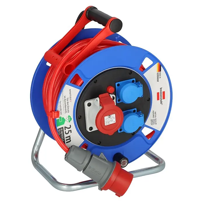 Brennenstuhl Kabeltrommel Garant CEE 1 AT-N07V3V3-G 5G1,5 - Kunststoff, 25 m, IP44 - Blaues Kabelrolle mit 25m rotem Kabel für den Aussenbereich, mit mehreren Steckdosen und robustem Stecker.